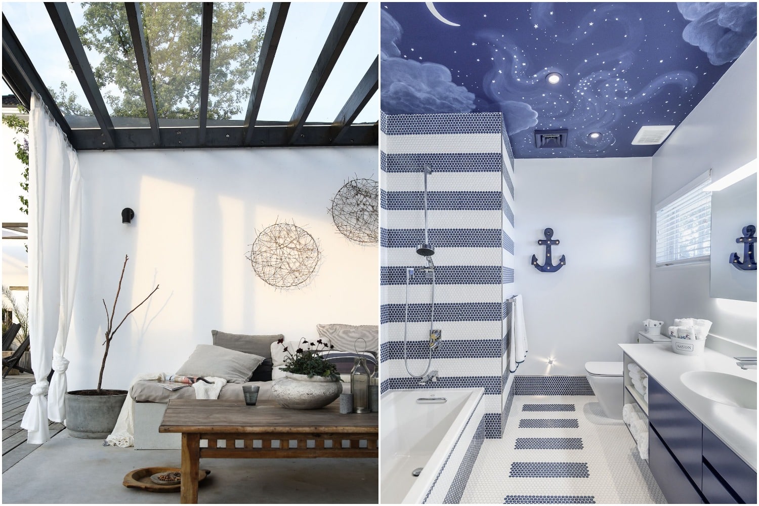 Steklo, tapete in luči naslikajo nebo: Dan in noč na stropu